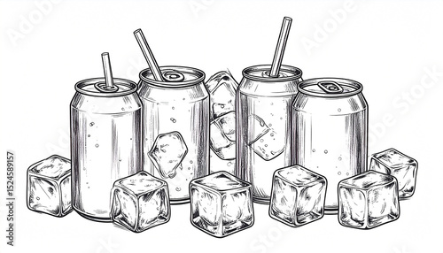Detailed ink sketch of four aluminum beverage cans with straws, surrounded by ice cubes on a white background.  The cans appear chilled and ready to drink