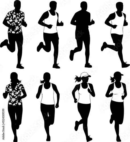 Running men and women, isolated vector silhouettes. Run, side view. Silhouettes of athletic looking male and female runners running. EPS 10 version.