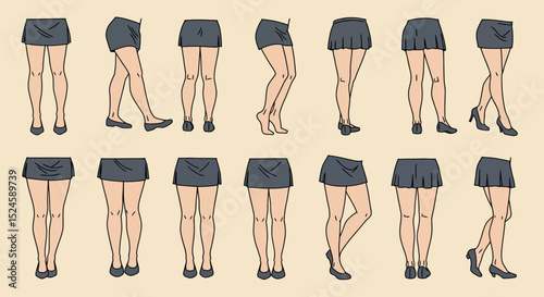 Female Leg Pose Illustration Set – Fashion Silhouettes in Skirt