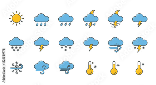 A complete set of flat style weather icons featuring various conditions including sun, clouds, rain, snow, wind, and thunderstorms. Ideal for mobile apps, websites, dashboards, infographics