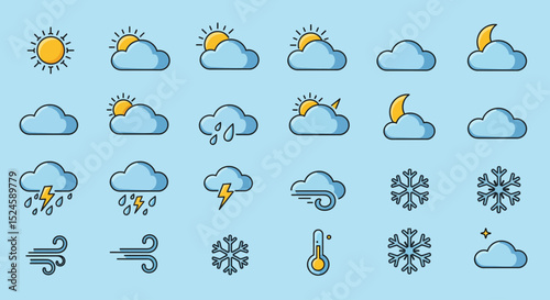 A complete set of flat style weather icons featuring various conditions including sun, clouds, rain, snow, wind, and thunderstorms. Ideal for mobile apps, websites, dashboards, infographics