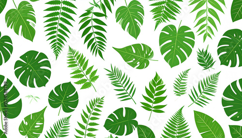 A vibrant, seamless pattern featuring various lush green tropical leaves and ferns against a stark white backdrop.  The design is simple yet effective, showcasing a variety of leaf shapes and sizes