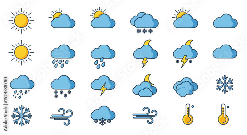 A complete set of flat style weather icons featuring various conditions including sun, clouds, rain, snow, wind, and thunderstorms. Ideal for mobile apps, websites, dashboards, infographics