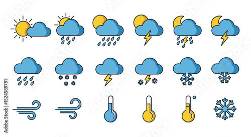 A complete set of flat style weather icons featuring various conditions including sun, clouds, rain, snow, wind, and thunderstorms. Ideal for mobile apps, websites, dashboards, infographics