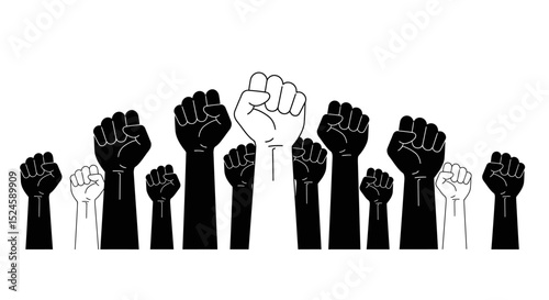 Raised Fist Symbol of Protest and Unity – Black and White Vector Illustration