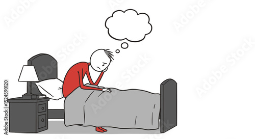 Depressed Person Sitting on Bed with Thought Bubble – Minimal Line Art Illustration