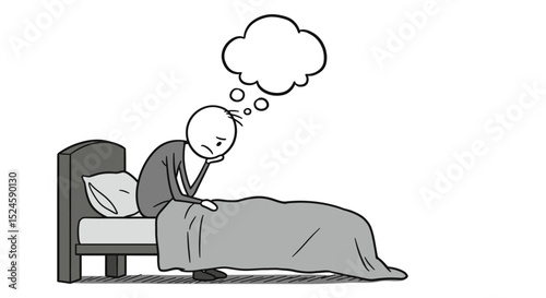 Depressed Person Sitting on Bed with Thought Bubble – Minimal Line Art Illustration