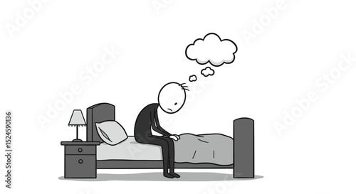 Depressed Person Sitting on Bed with Thought Bubble – Minimal Line Art Illustration