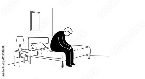 Lonely Man Sitting on Bed – Depression and Sadness Illustration