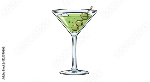 Vector illustration of a classic martini cocktail glass with green olives, presented in a clean flat design style on a white background. Perfect for bar menus,
