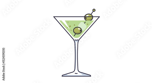 Vector illustration of a classic martini cocktail glass with green olives, presented in a clean flat design style on a white background. Perfect for bar menus,