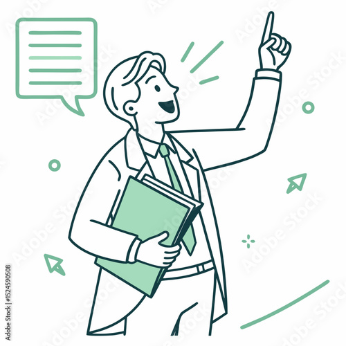 A vector illustration of a confident businessman in a suit holding a folder and raising one finger to present an idea or make a point.