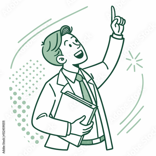 A vector illustration of a confident businessman in a suit holding a folder and raising one finger to present an idea or make a point.