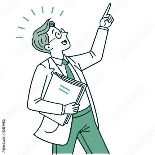 A vector illustration of a confident businessman in a suit holding a folder and raising one finger to present an idea or make a point.
