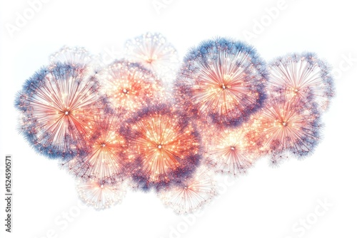 Fireworks Light Up Peaceful Night Isolated on White Background, Depth of Field