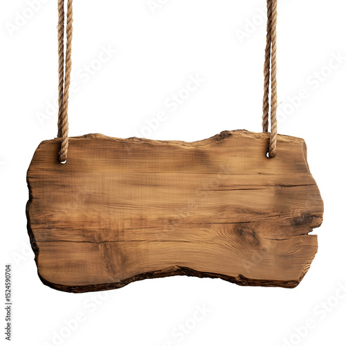 Placa de madeira natural rústica pendurada por cordas