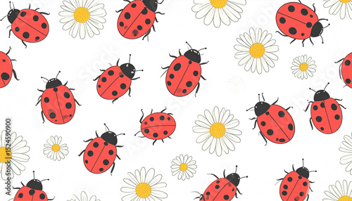 A repeating pattern of red ladybugs with black spots and white daisies on a white background.  The design is simple and cheerful, ideal for fabric or wallpaper