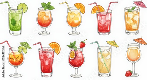 A Colorful Collection of Tropical Cocktails:  Refreshing Summer Drinks with Fruit and Ice
