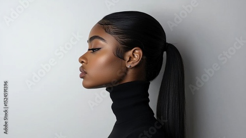 Profile view of a young woman with dark skin, sleek, dark hair in a high ponytail, wearing a black turtleneck against a light gray background.  Her makeup is subtly defined