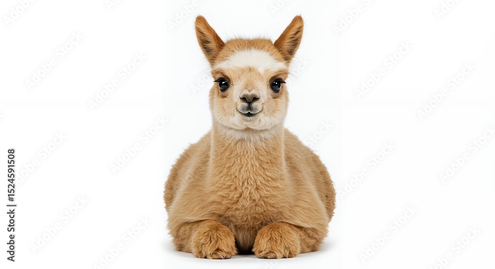Obraz premium Adorable Baby Alpaca Portrait Against White Background: A Fluffy Delight