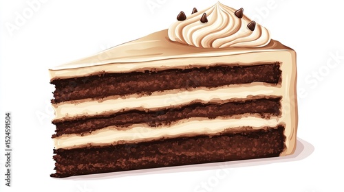 A delectable three-layered chocolate cake slice, adorned with a creamy vanilla frosting swirl and chocolate chips, is presented against a stark white backdrop