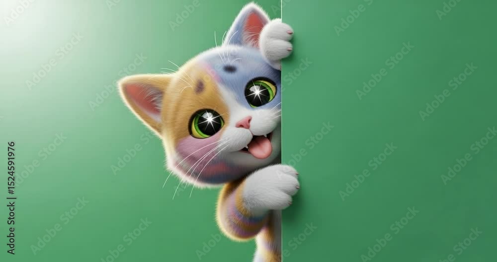 Adorable Cartoon Cat Peeking from Behind Green Background