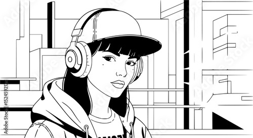 Anime-style girl listening to music with headphones. B/W linear drawing. EPS 10 version.	

