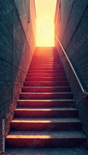 A long staircase ascends towards a bright, unseen destination, offering a sense of journey and ambition The perspective emphasizes the upward climb and the steps' texture , route, angle