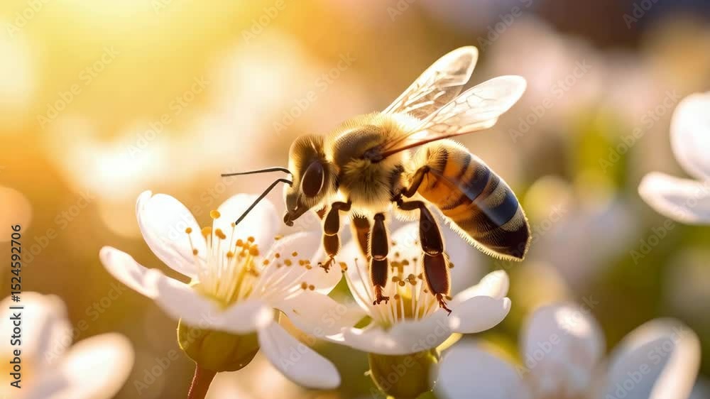 Bee pollinating white flowers on a bright, sunny day with pollen visible on stamens and soft sunlight in a nature scene