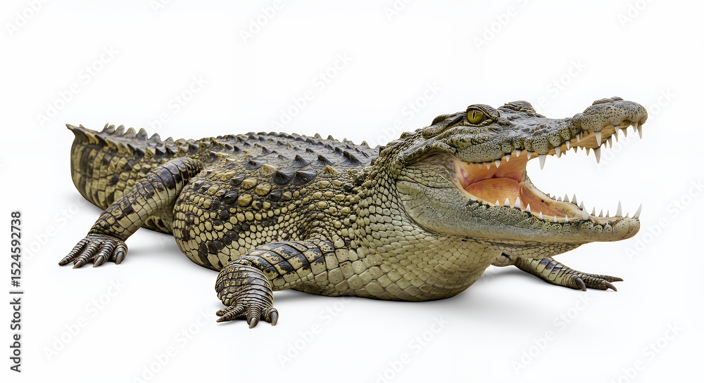 Naklejka premium Magnificent Nile Crocodile Open Mouth on White Background Wildlife Photography