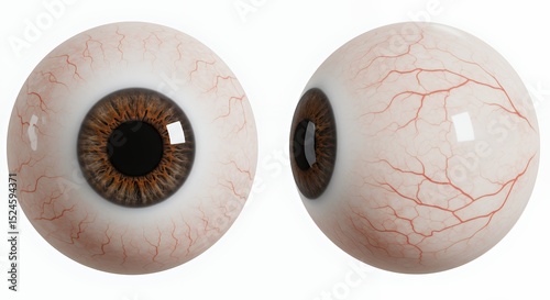 High-Resolution 3D Render of a Human Eye: Front and Side Views Detailed Anatomy Iris Pupil Sclera Blood Vessels