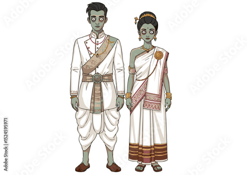 Undead Couple in Traditional South Asian Wedding Attire A Spooky Illustration of Love and the Afterlife