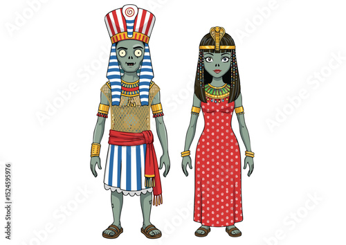 Undead Pharaoh and Queen A Spooky Illustration of Ancient Egyptian Royalty Reimagined as Zombies
