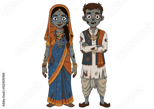 Zombie Couple in Traditional Indian Attire A Spooky Illustration of Cultural Fusion