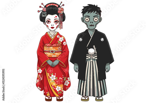 Geisha and Zombie Couple A Spooky Halloween Illustration Featuring Traditional Japanese Attire and Undead Elements, Perfect for Holiday Cards, Decorations, and Digital Art Projects