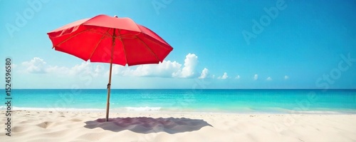 Vibrant red beach umbrella providing shade on a sunny day at the coast, casting a shadow on the sand Perfect for summer vacation and relaxation themes , ocean, water, sunny