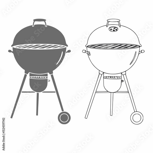 Vector illustration of a black round BBQ grill with lid and wheels, solid and outline.