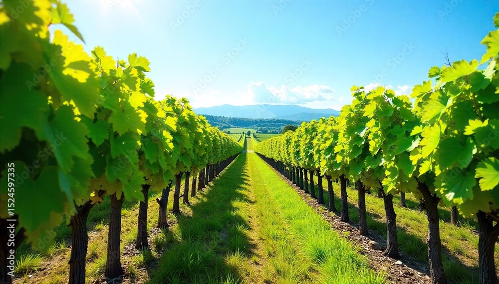 Naklejka premium Sun-drenched rows of grapevines stretch across a picturesque hillside vineyard, ready for harvest Lush green leaves and ripening grapes under a clear blue sky , beautiful, outdoor, tranquility