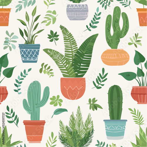 A soft and cheerful pattern featuring a mix of indoor plants in patterned pots, perfect for nature and home decor designs.