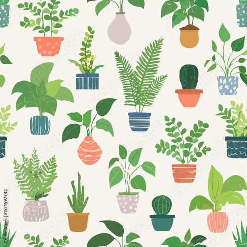 A soft and cheerful pattern featuring a mix of indoor plants in patterned pots, perfect for nature and home decor designs.