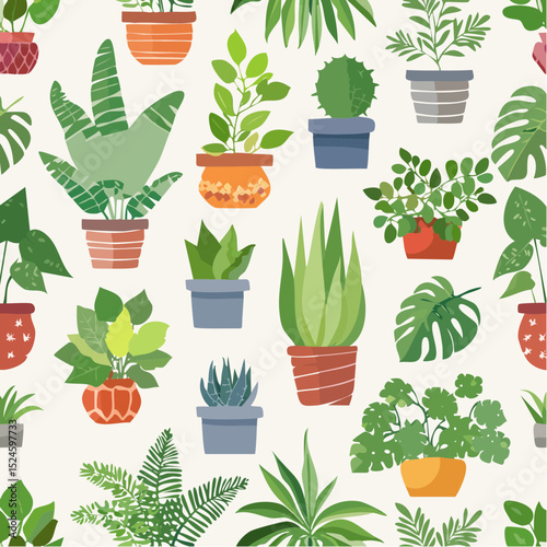 A soft and cheerful pattern featuring a mix of indoor plants in patterned pots, perfect for nature and home decor designs.