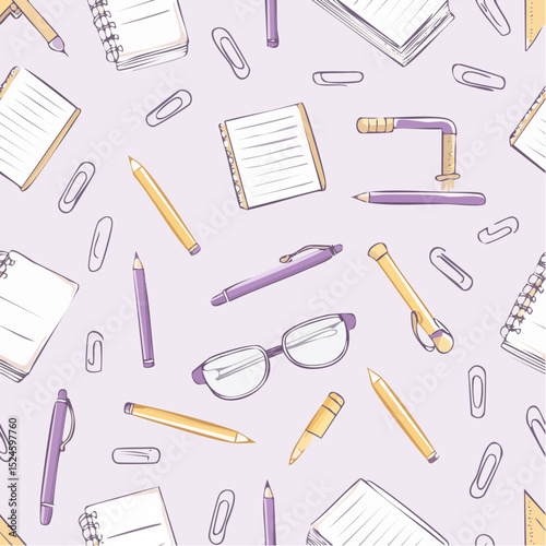 School and office supplies like books and pens come together in a clean, charming pattern ideal for stationery and study designs.