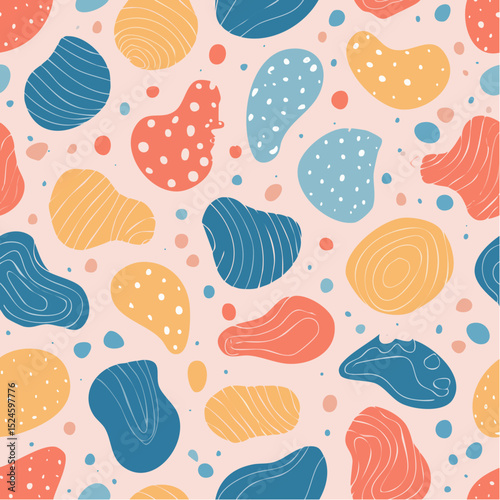 A bold, playful pattern of funky shapes and marks in bright colors, giving a trendy, modern feel to any project.