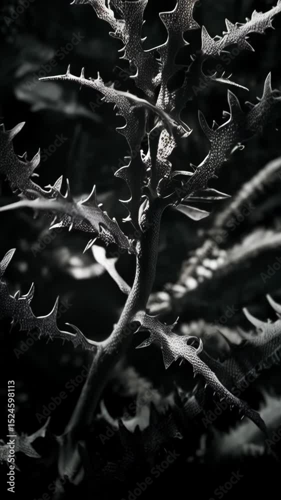 Thorny plant with pointy spikes in monochrome, close-up of a spiky flora with branches on a dark background, organic texture and sharp needles