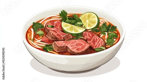 A white bowl brimming with rich, reddish-brown broth, containing tender slices of beef, rice noodles, fresh cilantro, and lime wedges