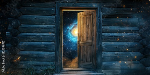 A wooden cottage door cracked open, showing a cosmic galaxy swirling inside