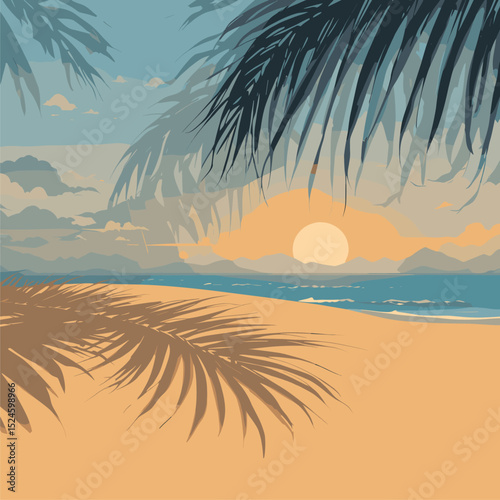 Serene Tropical Sunset: Palm Fronds Frame Ocean Beach Scene