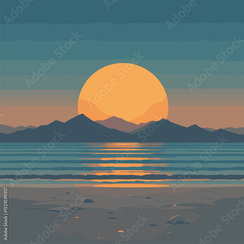 Serene Sunset Over Coastal Mountains: Minimalist Landscape Illustration