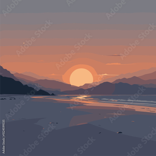 Serene Sunset Over Coastal Mountains: Minimalist Vector Illustration