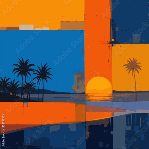 Sunset Tropical Paradise: Abstract Geometric Landscape
